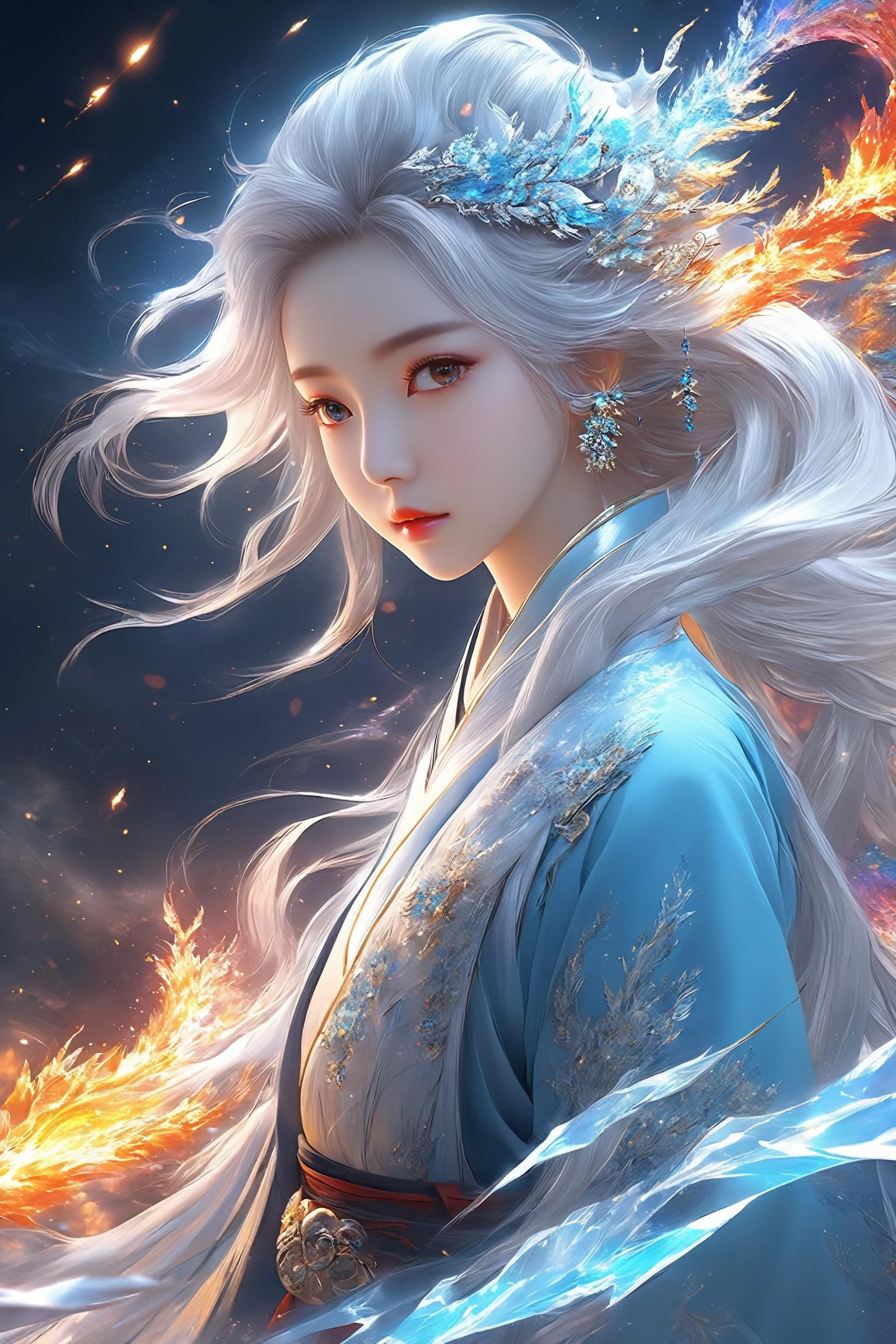 (masterpiece, top quality, best quality, official art, beautiful and aesthetic:1.2), (1girl:1.2), cute, extreme detailed, (abstract:1.4, fractal art:1.3), (silver_hair:1.1), fate \(series\), colorful, highest detailed, fire, ice, lightning, (splash_art:1.2), jewelry:1.4, hanfu, , scenery, ink