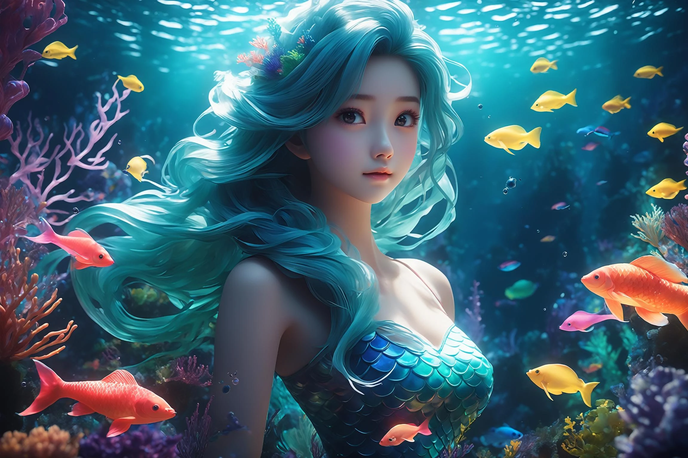 Cinematic of mermaid, small_nose, (èå°å°), realistic artwork, high detailed, professional, full body photo of a transparent porcelain cute creature looking at viewer, with glowing backlit panels, anatomical plants, deep ocean coral garden, grainy, shiny, with vibrant colors, colorful, ((realistic skin, glow, )) surreal objects floating, ((floating:1.4)), contrasting shadows, photographic, niji style, 1girl, xxmixgirl, FilmGirl, aura_glowing, colored_aura, Movie Still, final_fantasy_vii_remake, ((normal_breast:1.3))