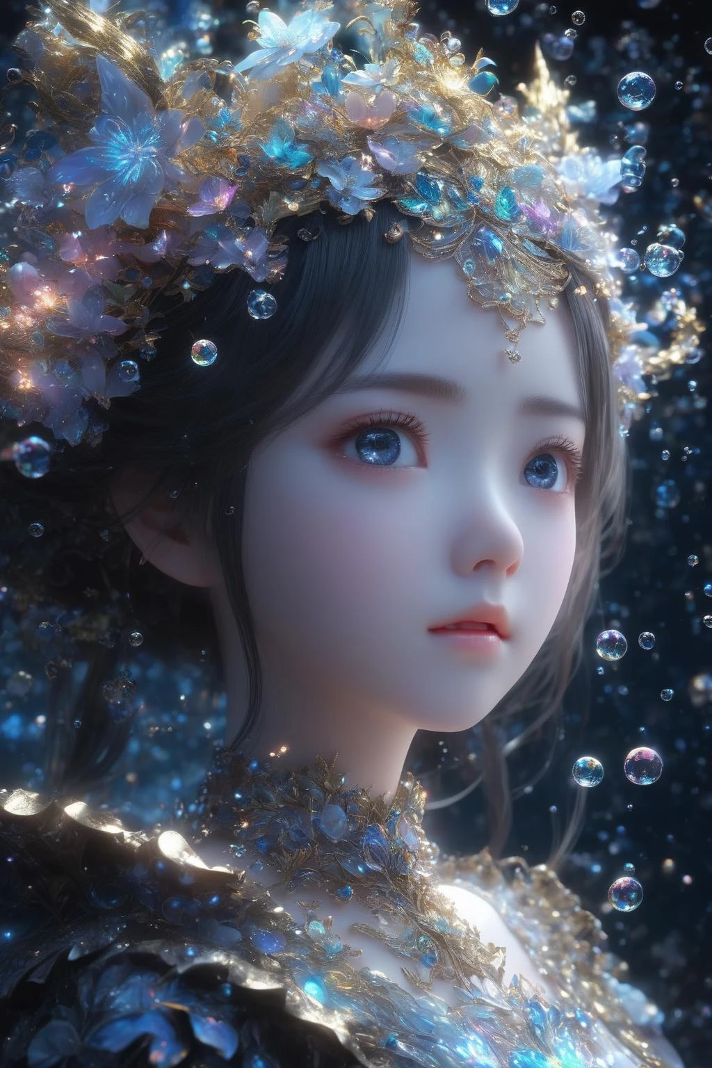 masterpiece, extremely best quality, official art, cg 8k wallpaper, (Fantasy Style:1.1), (face focus, cute, masterpiece, best quality, 1girl, black background, solo, standing, pixiv:1), 3d, looking up, light particle, highly detailed, best lighting, pixiv, depth of field, (beautiful face), fine water surface, incredibly detailed, (an extremely beautiful), (best quality)