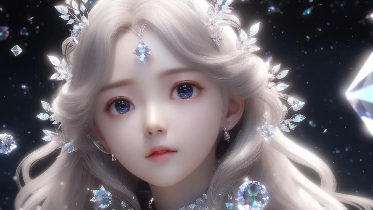 masterpiece, extremely best quality, official art, cg 8k wallpaper, (Fantasy Style:1.1), (half body focus, cute, masterpiece, best quality, 1girl, black background, solo, standing, pixiv:1), 3d, looking up, light particle, highly detailed, best lighting, pixiv, depth of field, (beautiful face), incredibly detailed, (an extremely beautiful), (best quality),diamonds,crystal,