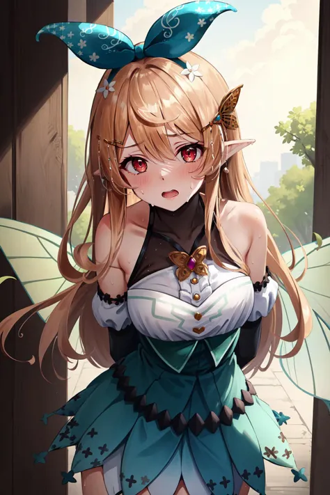 (masterpiece, best quality),  intricate details,
1girl,    
arms behind back, leaning forward, downblouse, cleavage, sweat, hot, flustered, boob sweat, <lora:nijisanji_rainpuff-08:0.8> pomu rainpuff, hair behind ear, butterfly hair ornament, hair ribbon, halterneck, black gloves, elbow gloves, green skirt, high-waist skirt, fairy wings, bare shoulders,