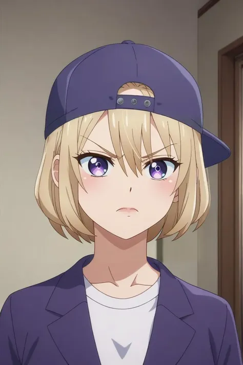 score_9, score_8_up, score_7_up, source_anime, rating_safe, , anime screencap, , official style, , , 1girl, solo, <lora:sachi_umino_pony:0.9>, sachi_umino, blonde hair, purple eyes, short hair, bangs, hair between eyes, panorama, times square, indoors, twisted torso, angry, purple tuxedo, backwards cap, <lora:sdxl_lightning_8step_lora:1>