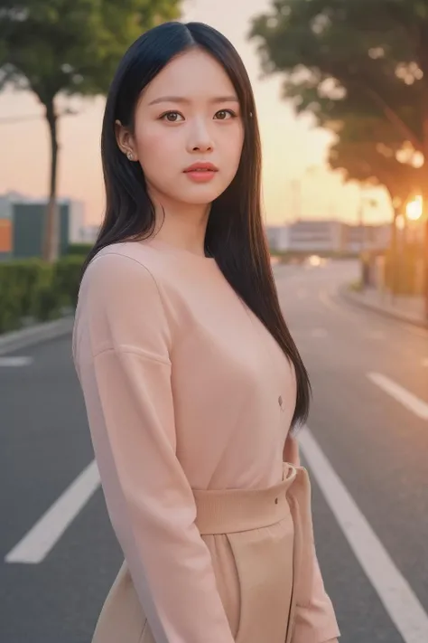 hanni1 a woman, (realistic), (hyperrealism), (photorealistic), depth of field, adult, (upper body:1.2), (narrow waist), eye makeup, looking at the viewer, posing for a photo, longsleeves, golden hour, sunset, at the street, trees, <lora:httphanni:1:lbw=FACES>