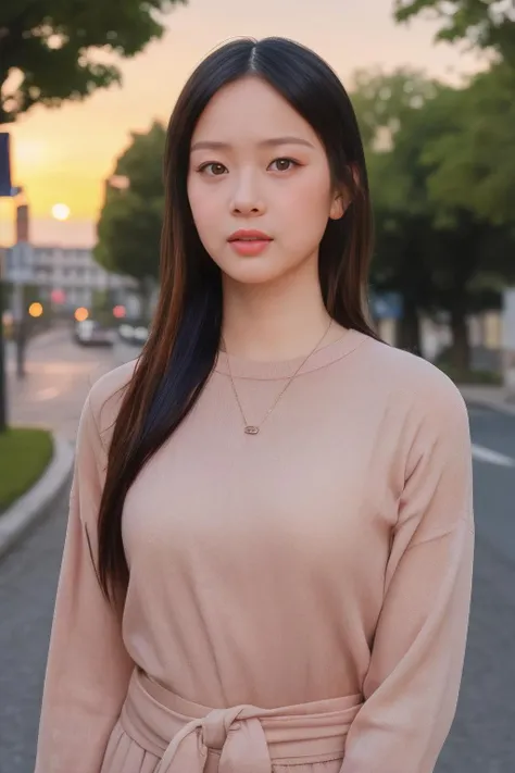 hanni1 a woman, (realistic), (hyperrealism), (photorealistic), depth of field, adult, (upper body:1.2), (narrow waist), eye makeup, looking at the viewer, posing for a photo, longsleeves, golden hour, sunset, at the street, trees, <lora:httphanni:1:lbw=FACES>