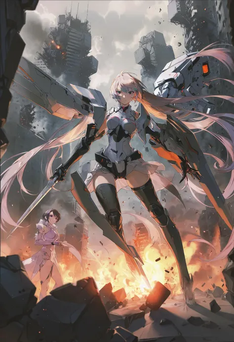 by maimuro, by rella,  by yoneyama mai, by_ayamo kaoru, by Yutaka Izubuchi,
super fine concept art, inventive character and mecha designs, tnstyle,
[mecha:1girl:0.3], mecha musume, mechanical arms, mechanical legs, Tactical soldiers, beautiful mechanics, hard surface, powered armor, elaborately designed amor, glowing armor, turret walker,
detailed beautiful face, black eyes, detailed long hair, medium breast, serious face,
grabbing a sword,
fighting stance,
city, rubble ruins, highly detailed background,
cinematic angle,
beautiful, ultra detailed, extremely detailed CG, unreal engine, beautiful color,  colorful minimalism, sharp image quality, crisp detail, crisp edges, fine texture, detailed rendering,
in the style of futuristic cyberpunk, hyper-realistic mechanical illustrations, majestic composition,  textured illustrations, staining,  high contrast,
masterpiece, (amazing quality:1.5), best quality, high resolution, 4K, 8K, UHD, 
<lora:Rella:0.4>, <lora:Tsutomu_Nihei_OaN_Style:0.6>, <lora:add-detail-xl:0.5>,  <lora:artfullyinsect_-_v1:0.3>, <lora:IOS_Iridescent_opal_style:0.2>, <lora:YoneyamaMai:0.3>,