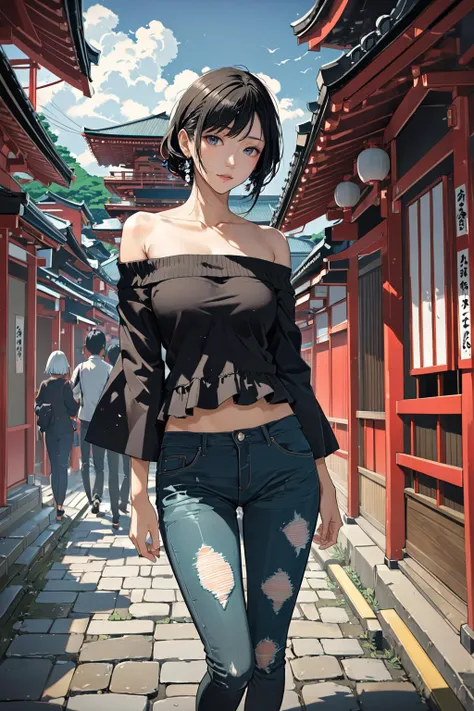 masterpiece, amazing quality, best quality, high resolution, 4K, 8K, UHD,
Ukiyoe art styles, by rella, by Yoneyama Mai, by Kunisada
1girl, Off-the-shoulder top, distressed jeans, and flats., stylish, Sightseeing in Japan,
cinematic angle, close up,
<lora:Rella:0.4>, <lora:YoneyamaMai:0.3>,