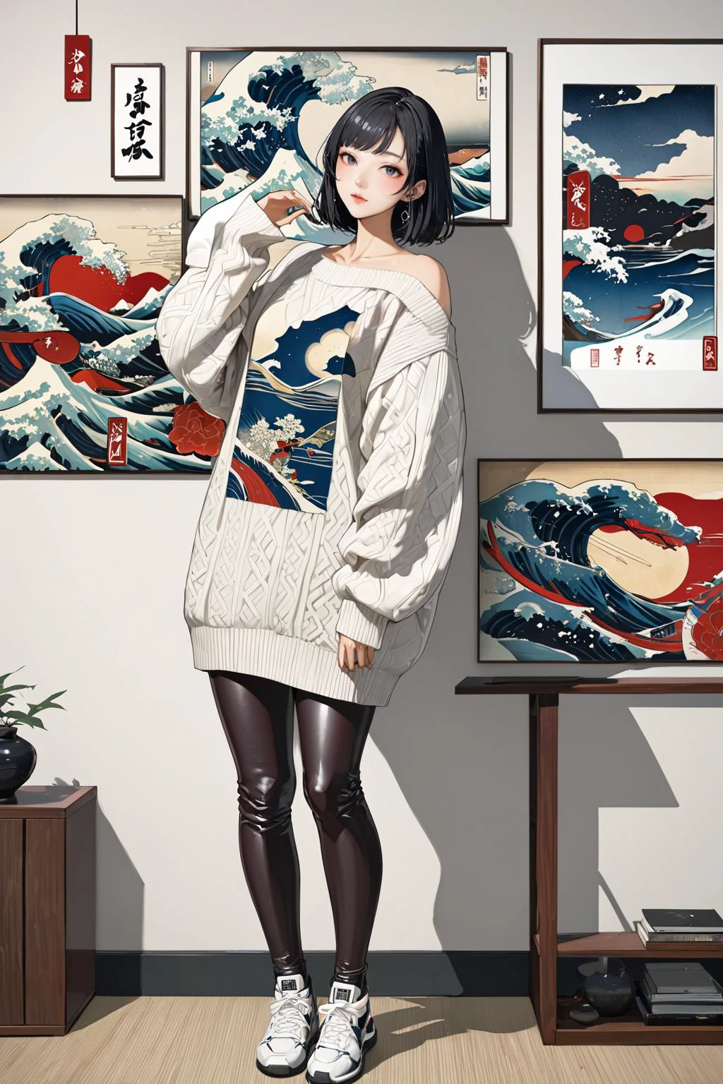masterpiece, amazing quality, best quality, high resolution, 4K, 8K, UHD,
Ukiyoe art styles, by rella, by Yoneyama Mai, by Utagawa Kunimasu
1girl, Leather leggings, oversized sweater, and sneakers., stylish pose,
<lora:Rella:0.3>, <lora:YoneyamaMai:0.3>,