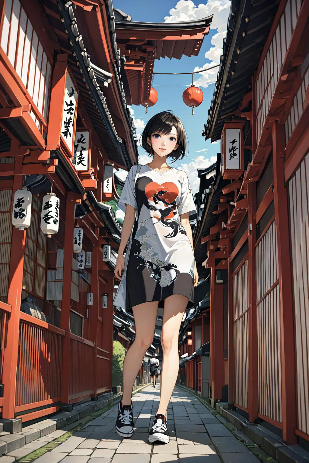 masterpiece, amazing quality, best quality, high resolution, 4K, 8K, UHD,
Ukiyoe art styles, by rella, by Yoneyama Mai, by Utagawa Shigenobu
1girl, T-shirt dress and sneakers, stylish, relaxed pose, Sightseeing in Kyoto,
cinematic angle, perspective from below,
<lora:Rella:0.4>, <lora:YoneyamaMai:0.3>,