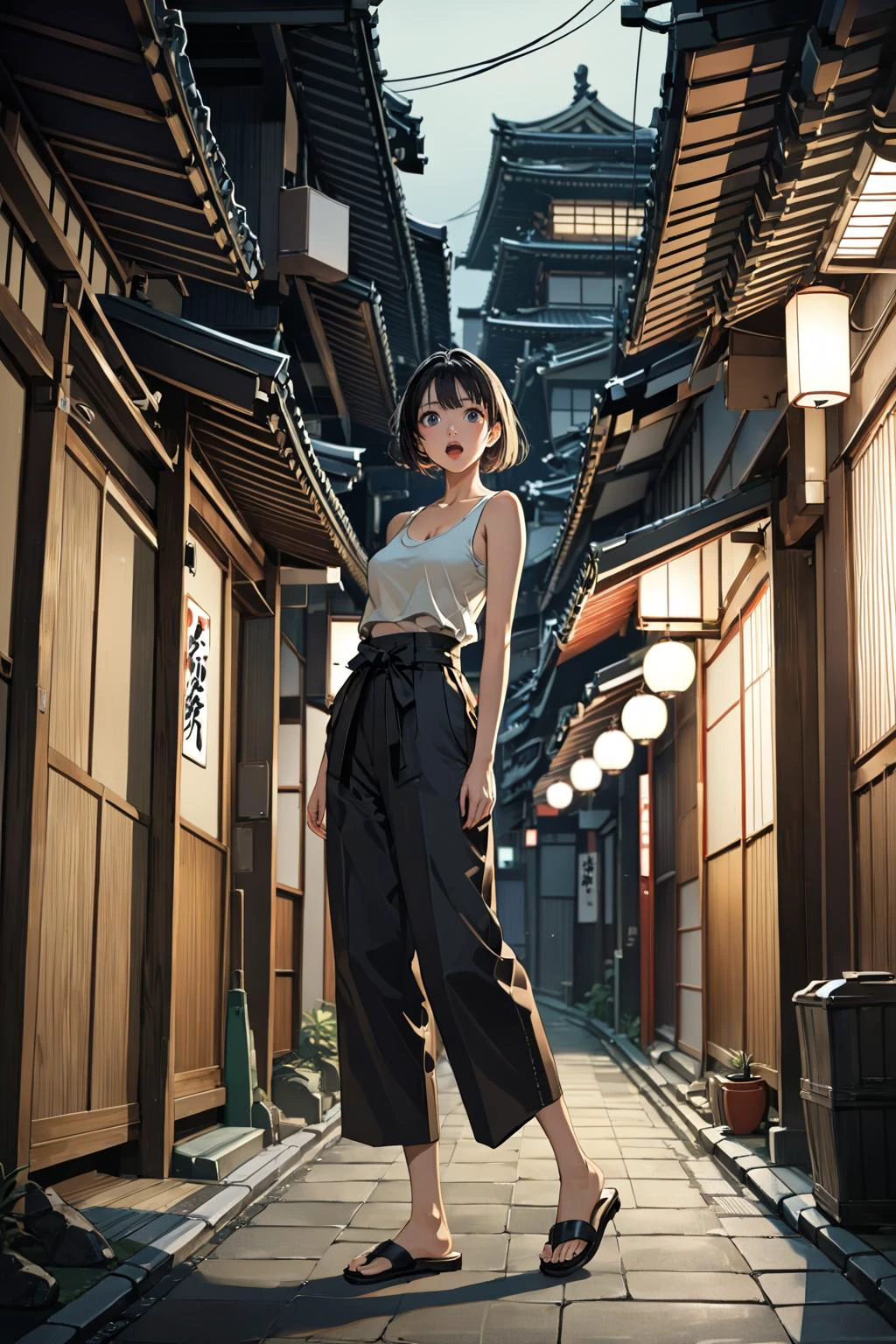 masterpiece, amazing quality, best quality, high resolution, 4K, 8K, UHD,
Ukiyoe art styles, by rella, by Yoneyama Mai, by Eishi
1girl, solo, Paperbag waist pants, tank top, and mules., stylish, modeling pose, Sightseeing in Japan, in a dimly lit alleyway, shocked,
dynamic angle,
<lora:Rella:0.3>, <lora:YoneyamaMai:0.3>,