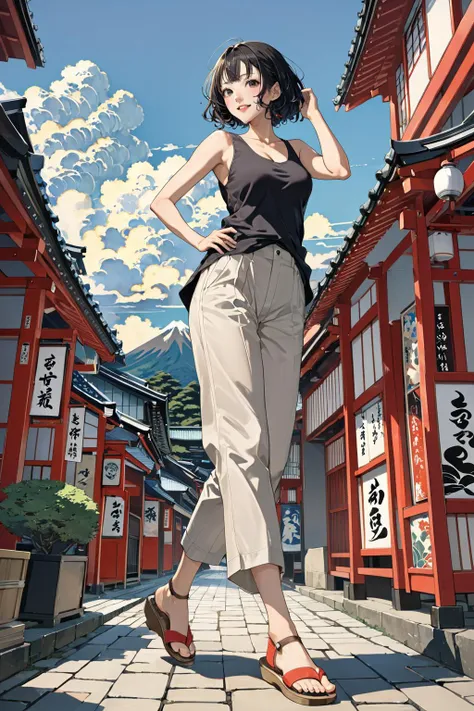 masterpiece, amazing quality, best quality, high resolution, 4K, 8K, UHD, 
Ukiyoe art styles, by rella, by Yoneyama Mai, by Katsushika Åi
1girl, solo,  Linen pants, tucked in tank top, and sandals., stylish, modeling pose, Sightseeing in Japan, gleeful,
perspective from below,
<lora:Rella:0.3>, <lora:YoneyamaMai:0.3>,