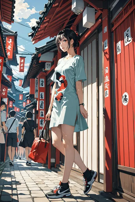 masterpiece, amazing quality, best quality, high resolution, 4K, 8K, UHD, 
Ukiyoe art styles, by rella, by Yoneyama Mai, by Shunbaisai Hokuei
1girl,  Slip dress, t-shirt, and sneakers., stylish, Sightseeing in Japan,
cinematic angle, from side,
<lora:Rella:0.4>, <lora:YoneyamaMai:0.3>,