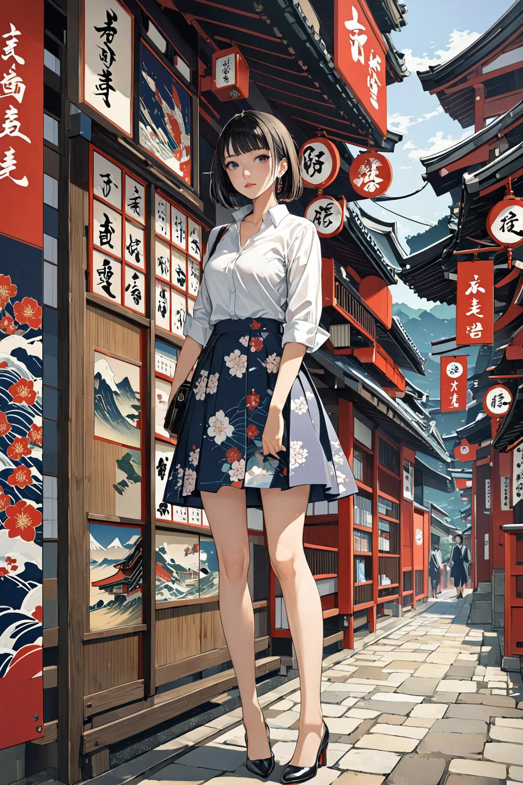 masterpiece, amazing quality, best quality, high resolution, 4K, 8K, UHD,
Ukiyoe art styles, by rella, by Yoneyama Mai, by Ishikawa Toyonobu
1girl, A-line skirt, button-down shirt, and pumps., stylish, Sightseeing in Japan,
<lora:Rella:0.3>, <lora:YoneyamaMai:0.3>,