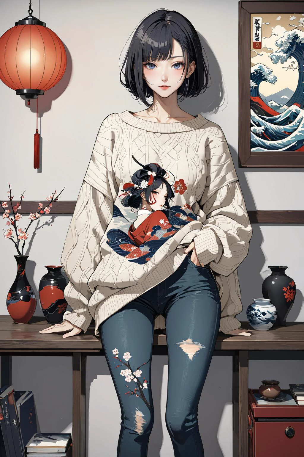 masterpiece, amazing quality, best quality, high resolution, 4K, 8K, UHD,
Ukiyoe art styles, by rella, by Yoneyama Mai, by Sharaku
1girl, Skinny jeans, oversized sweater, and ankle boots.,
<lora:Rella:0.3>, <lora:YoneyamaMai:0.3>,