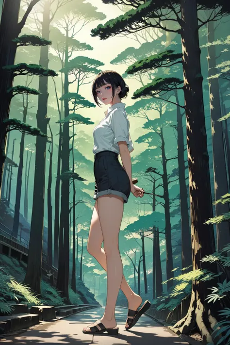 masterpiece, amazing quality, best quality, high resolution, 4K, 8K, UHD, 
Ukiyoe art styles, by rella, by Yoneyama Mai, by Miyagawa ChÅshun
1girl, solo,  Linen shirt, high-waisted shorts, and sandals, stylish, Sightseeing in Tokyo, in a luminous forest, bitter,
from side,
<lora:Rella:0.3>, <lora:YoneyamaMai:0.3>,