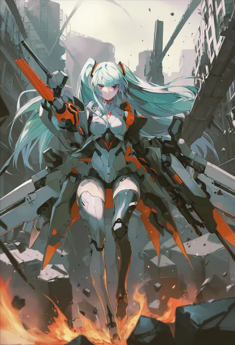 by maimuro, by rella,  by yoneyama mai, by_ziyun, by StanisÅaw Lem,
super fine concept art, inventive character and mecha designs, tnstyle,
[mecha:1girl:0.3], mecha musume, mechanical arms, mechanical legs, Tactical soldiers, beautiful mechanics, hard surface, powered armor, elaborately designed amor, glowing armor, turret walker,
detailed beautiful face, black eyes, detailed long hair, medium breast, serious face,
aiming at viewer, gun,
stylish pose,
city, rubble ruins, highly detailed background,
cinematic angle,
beautiful, ultra detailed, extremely detailed CG, unreal engine, beautiful color,  colorful minimalism, sharp image quality, crisp detail, crisp edges, fine texture, detailed rendering,
in the style of futuristic cyberpunk, hyper-realistic mechanical illustrations, majestic composition,  textured illustrations, staining,  high contrast,
masterpiece, (amazing quality:1.5), best quality, high resolution, 4K, 8K, UHD, 
<lora:Rella:0.3>, <lora:YoneyamaMai:0.25>, <lora:Tsutomu_Nihei_OaN_Style:0.6>, <lora:add-detail-xl:0.5>,  <lora:artfullyinsect_-_v1:0.3>, <lora:IOS_Iridescent_opal_style:0.2>,