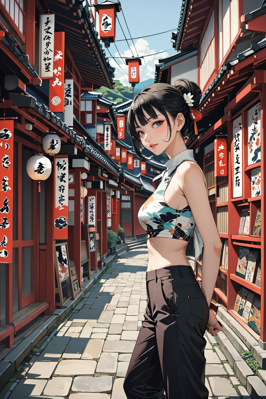 masterpiece, amazing quality, best quality, high resolution, 4K, 8K, UHD,
Ukiyoe art styles, by rella, by Yoneyama Mai, by Konishi Hirosada
1girl, Tapered pants, crop top, and mules., stylish, Sightseeing in Japan,
cinematic angle, dynamic angle,
<lora:Rella:0.3>, <lora:YoneyamaMai:0.3>,