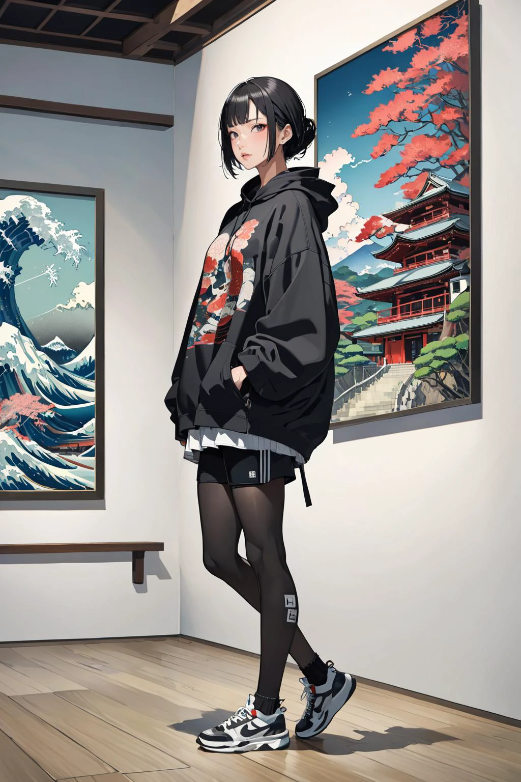 masterpiece, amazing quality, best quality, high resolution, 4K, 8K, UHD,
Ukiyoe art styles, by rella, by Yoneyama Mai, by Tsukioka Settei
1girl, solo, Oversized sweatshirt, biker shorts, and sneakers, stylish, relaxed pose, Sightseeing in Japan, in a museum, frustrated,
close up,
<lora:Rella:0.3>, <lora:YoneyamaMai:0.3>,