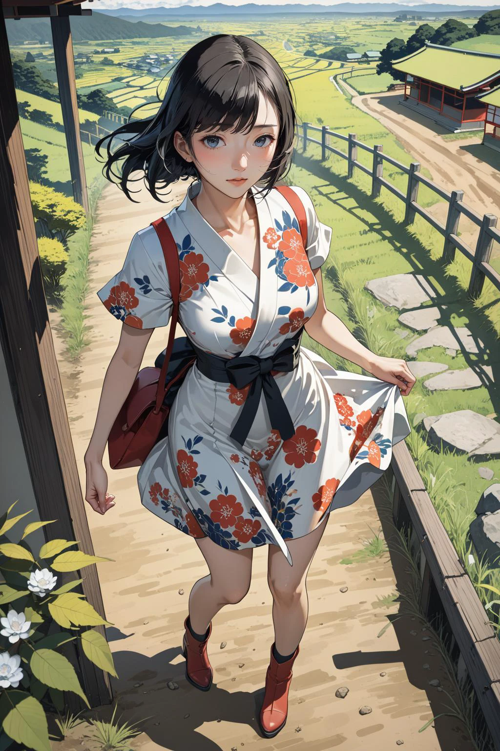 masterpiece, amazing quality, best quality, high resolution, 4K, 8K, UHD,
Ukiyoe art styles, by rella, by Yoneyama Mai, by Katsukawa ShunkÅ I
1girl, solo, Floral dress and ankle boots, stylish, Sightseeing in countryside, on a dirt road, worried,
perspective from above,
<lora:Rella:0.3>, <lora:YoneyamaMai:0.3>,