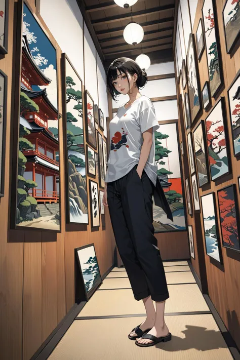 masterpiece, amazing quality, best quality, high resolution, 4K, 8K, UHD, 
Ukiyoe art styles, by rella, by Yoneyama Mai, by Nishimura Shigenaga
1girl, solo,  Tapered trousers, t-shirt, and mules., stylish, Sightseeing in Kyoto, in an art gallery, curious,
dutch angle,
<lora:Rella:0.3>, <lora:YoneyamaMai:0.3>,