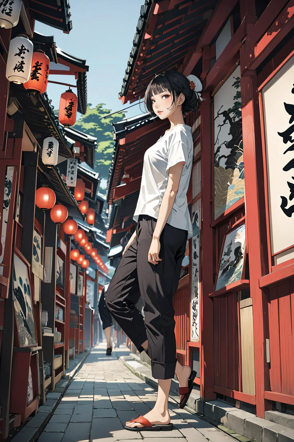 masterpiece, amazing quality, best quality, high resolution, 4K, 8K, UHD,
Ukiyoe art styles, by rella, by Yoneyama Mai, by Utagawa Yoshitora
1girl, Tapered trousers, t-shirt, and mules., stylish, Sightseeing in Japan,
cinematic angle, from side,
<lora:Rella:0.4>, <lora:YoneyamaMai:0.3>,