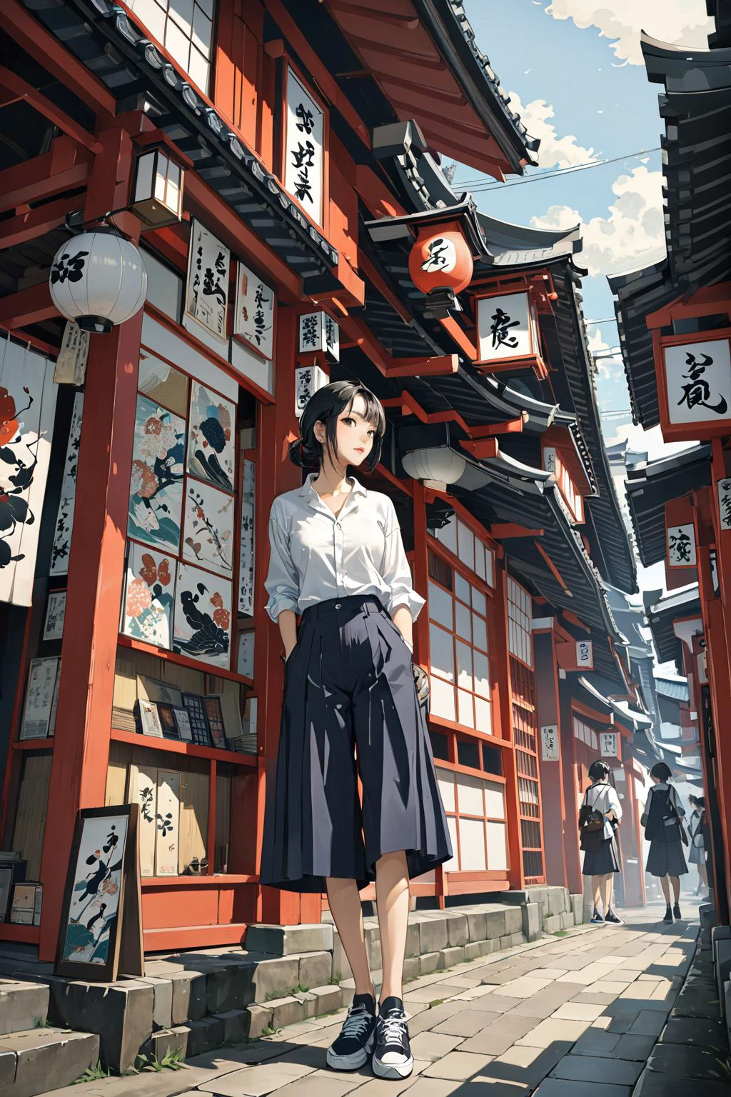 masterpiece, amazing quality, best quality, high resolution, 4K, 8K, UHD,
Ukiyoe art styles, by rella, by Yoneyama Mai, by Hasegawa ChikuyÅ
1girl, Culottes, button-down shirt, and sneakers., stylish, Sightseeing in Japan,
cinematic angle, dutch angle,
<lora:Rella:0.4>, <lora:YoneyamaMai:0.3>,