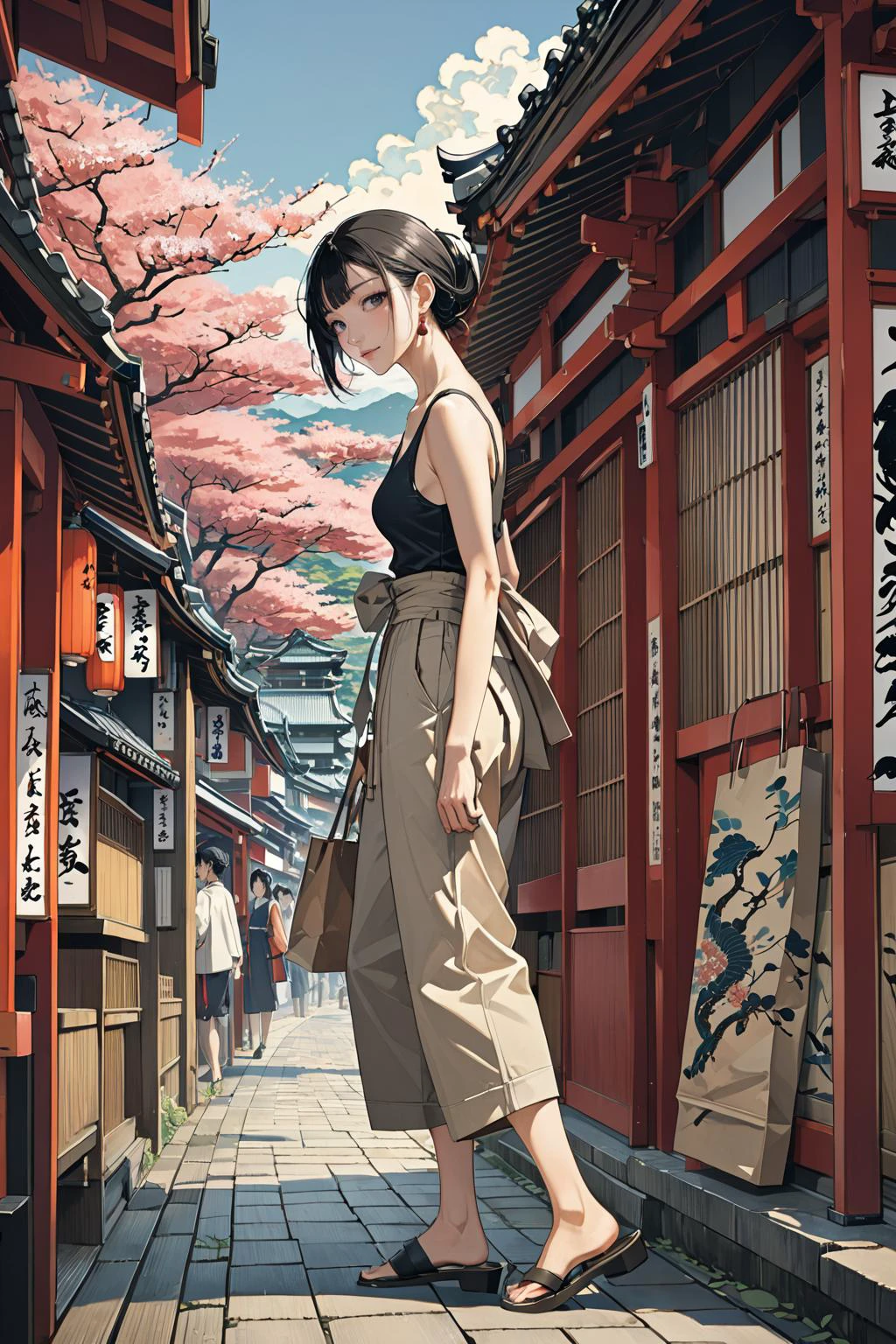 masterpiece, amazing quality, best quality, high resolution, 4K, 8K, UHD,
Ukiyoe art styles, by rella, by Yoneyama Mai, by Toriyama Sekien
1girl, Paperbag waist pants, tank top, and mules., stylish, Sightseeing in Japan,
cinematic angle, from side,
<lora:Rella:0.3>, <lora:YoneyamaMai:0.3>,