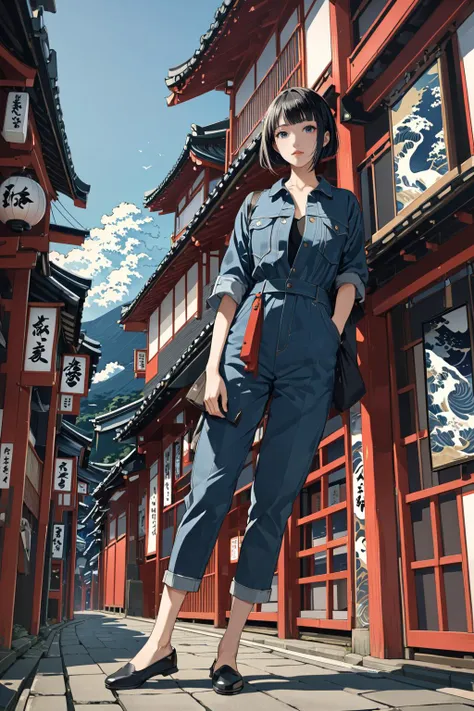 masterpiece, amazing quality, best quality, high resolution, 4K, 8K, UHD, 
Ukiyoe art styles, by rella, by Yoneyama Mai, by EishÅsai ChÅki
1girl,  Jumpsuit, denim jacket, and flats., stylish, Sightseeing in Japan,
cinematic angle, close up,
<lora:Rella:0.3>, <lora:YoneyamaMai:0.3>,