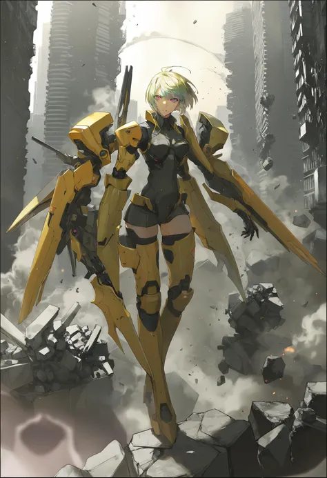 by maimuro, by rella,  by yoneyama mai, by_ginoh, by Mamoru Nagano,
super fine concept art, inventive character and mecha designs, tnstyle,
[mecha:1girl:0.35], mecha musume, mechanical arms, mechanical legs, Tactical soldiers, beautiful mechanics, hard surface, powered armor, elaborately designed amor, glowing armor, turret walker,
detailed beautiful face and eyes, detailed long hair, medium breast, serious face,
battle,
hold a gun and take aim,
city, rubble ruins, highly detailed background,
from side,
beautiful, ultra detailed, extremely detailed CG, unreal engine, beautiful color,  colorful minimalism, sharp image quality, crisp detail, crisp edges, fine texture, detailed rendering,
in the style of futuristic cyberpunk, hyper-realistic mechanical illustrations, majestic composition,  textured illustrations, staining,  high contrast,
 [pseudo-impasto:photorealistic:0.6],
masterpiece, (amazing quality:1.5), best quality, high resolution, 4K, 8K, UHD, 
<lora:Rella:0.3>, <lora:YoneyamaMai:0.15>, <lora:Tsutomu_Nihei_OaN_Style:0.6>, <lora:add-detail-xl:0.5>,  <lora:artfullyinsect_-_v1:0.5>, <lora:IOS_Iridescent_opal_style:0.2>,