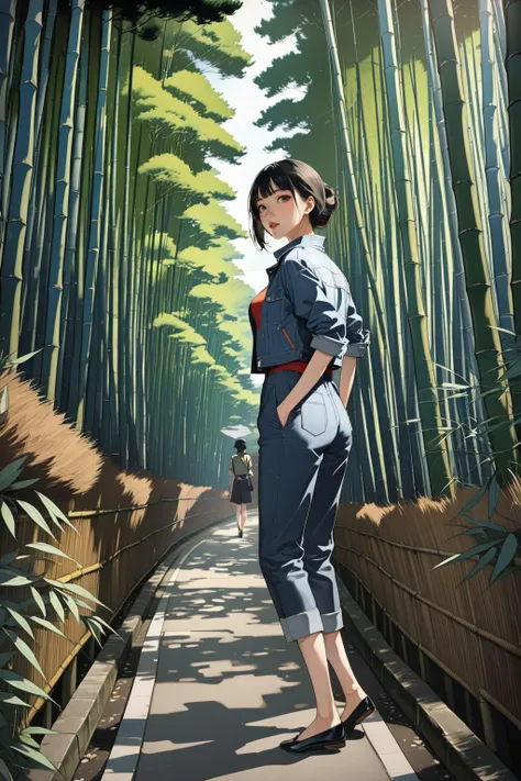 masterpiece, amazing quality, best quality, high resolution, 4K, 8K, UHD, 
Ukiyoe art styles, by rella, by Yoneyama Mai, by Nishikawa Sukenobu
1girl, solo,  Jumpsuit, denim jacket, and flats., stylish, Sightseeing in Kyoto, in a bamboo forest, amazed,
from side,
<lora:Rella:0.3>, <lora:YoneyamaMai:0.3>,