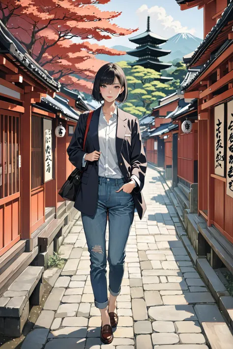 masterpiece, amazing quality, best quality, high resolution, 4K, 8K, UHD, 
Ukiyoe art styles, by rella, by Yoneyama Mai, by GatÅken Shunshi
1girl, solo,  Boyfriend jeans, oversized blazer, and loafers., stylish, relaxed pose, Sightseeing in Kyoto,
close up,
<lora:Rella:0.3>, <lora:YoneyamaMai:0.3>,