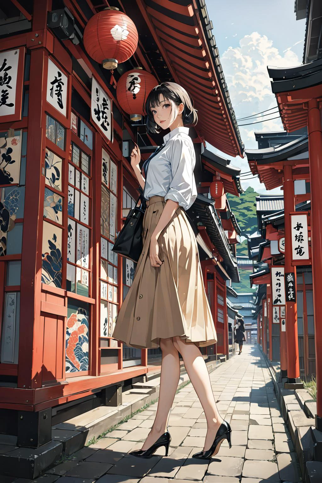 masterpiece, amazing quality, best quality, high resolution, 4K, 8K, UHD,
Ukiyoe art styles, by rella, by Yoneyama Mai, by Shunshosai Hokucho
1girl, A-line skirt, button-down shirt, and pumps., stylish, Sightseeing in Japan,
cinematic angle, from side,
<lora:Rella:0.4>, <lora:YoneyamaMai:0.3>,