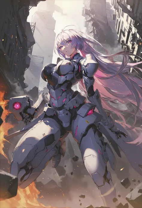 by maimuro, by rella,  by yoneyama mai, by_fajyobore, by Masami Obari,
super fine concept art, inventive character and mecha designs, tnstyle,
[mecha:1girl:0.35], mecha musume, mechanical arms, mechanical legs, Tactical soldiers, beautiful mechanics, hard surface, armor, elaborately designed amor, glowing armor, turret walker,
detailed beautiful face and eyes, detailed long hair, medium breast, serious face,
kung fu aciton,
grabbing a shield,
city, rubble ruins, highly detailed background,
perspective from below,
beautiful, ultra detailed, extremely detailed CG, unreal engine, beautiful color,  colorful minimalism, sharp image quality, crisp detail, crisp edges, fine texture, detailed rendering,
in the style of futuristic cyberpunk, hyper-realistic mechanical illustrations, majestic composition,  textured illustrations, staining,  high contrast,
 [thin-pasto:flat-pasto:0.6],
masterpiece, (amazing quality:1.5), best quality, high resolution, 4K, 8K, UHD, 
<lora:Rella:0.3>, <lora:YoneyamaMai:0.15>, <lora:Tsutomu_Nihei_OaN_Style:0.6>, <lora:add-detail-xl:0.5>,  <lora:artfullyinsect_-_v1:0.5>, <lora:IOS_Iridescent_opal_style:0.2>,