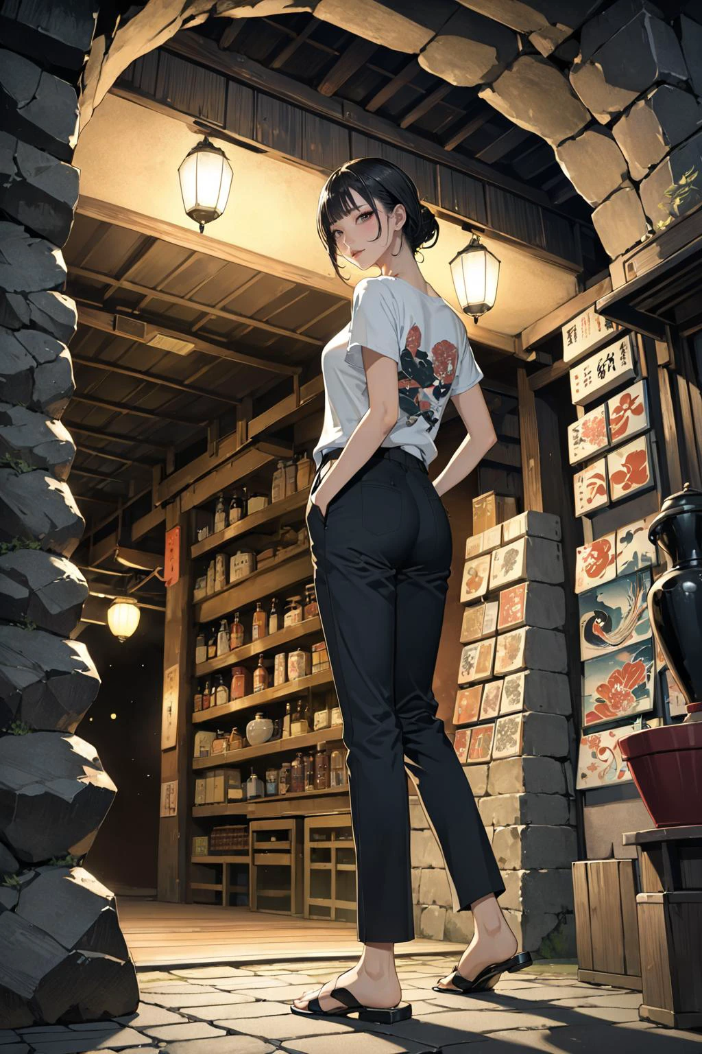 masterpiece, amazing quality, best quality, high resolution, 4K, 8K, UHD,
Ukiyoe art styles, by rella, by Yoneyama Mai, by Tsukimaro
1girl, solo, Tapered trousers, t-shirt, and mules., stylish, modeling pose, Sightseeing in Osaka, in a cavern, submissive,
from side,
<lora:Rella:0.3>, <lora:YoneyamaMai:0.3>,
