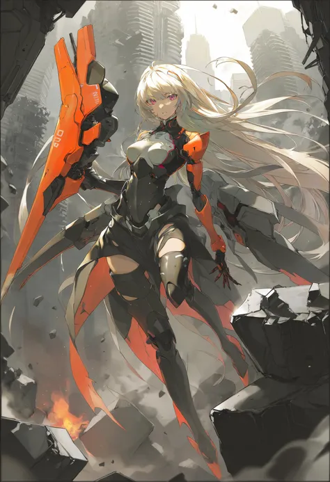 by maimuro, by rella,  by yoneyama mai, by_ikky, by H.R. Giger,
super fine concept art, inventive character and mecha designs, tnstyle,
[mecha:1girl:0.3], mecha musume, mechanical arms, mechanical legs, Tactical soldiers, beautiful mechanics, hard surface, powered armor, elaborately designed amor, glowing armor, turret walker,
detailed beautiful face and eyes, detailed long hair, medium breast, serious face,
fighting stance,
grabbing a sword,
city, rubble ruins, highly detailed background,
dutch angle,
beautiful, ultra detailed, extremely detailed CG, unreal engine, beautiful color,  colorful minimalism, sharp image quality, crisp detail, crisp edges, fine texture, detailed rendering,
in the style of futuristic cyberpunk, hyper-realistic mechanical illustrations, majestic composition,  textured illustrations, staining,  high contrast,
 [flat-pasto:thin-pasto:0.6],
masterpiece, (amazing quality:1.5), best quality, high resolution, 4K, 8K, UHD, 
<lora:Rella:0.3>, <lora:YoneyamaMai:0.15>, <lora:Tsutomu_Nihei_OaN_Style:0.6>, <lora:add-detail-xl:0.5>,  <lora:artfullyinsect_-_v1:0.5>, <lora:IOS_Iridescent_opal_style:0.2>,