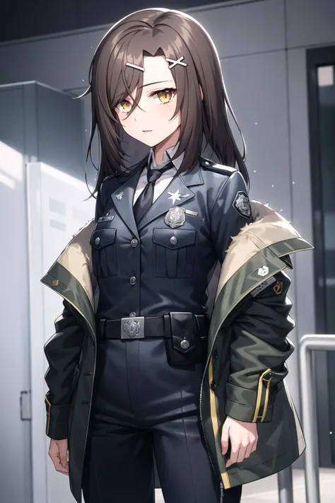 1girl, solo, long hair, bangs, brown hair, hair ornament, hair between eyes, yellow eyes,
police uniform, policewomen, police, necktie, jacket, hairclip, jewelry,
<lora:christina_anythingv1:0.65>