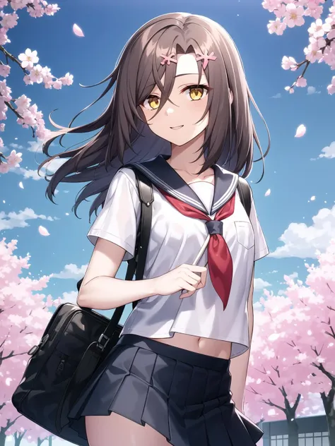 1girl, solo, long hair, bangs, brown hair, hair ornament, hair between eyes, yellow eyes,
school uniform, serafuku, red neckerchief, pleated skirt, outdoors, midriff peek, day, collarbone, cherry blossoms, bag charm, school,
<lora:christina_anythingv1:0.65>