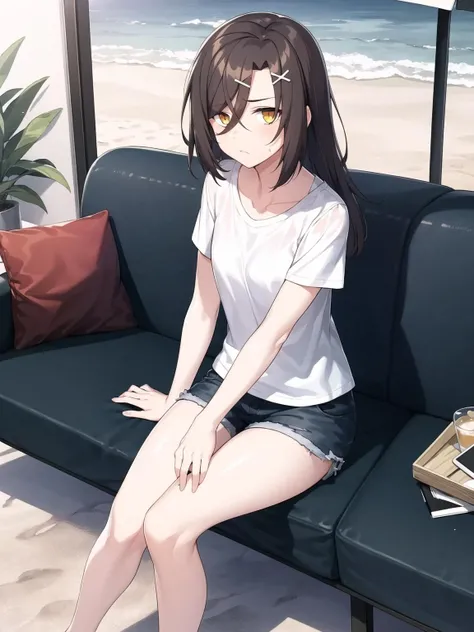 1girl, solo, long hair, bangs, brown hair, hair ornament, hair between eyes, yellow eyes,
sea, water, waves, sand, sitting, couch, sofa, outdoors, on couch, sitting, window, sun
t-shirt, shorts, casual clothes, casual, relaxed, frown,
<lora:christina_anythingv1:0.65>