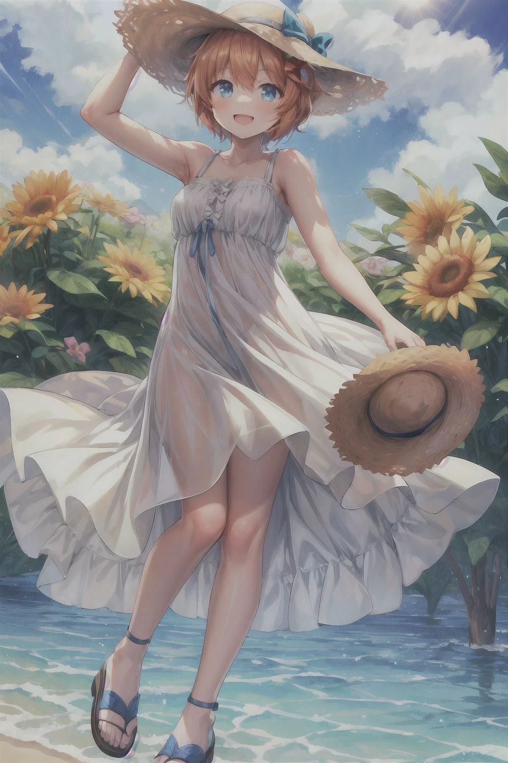 (Sayori, orange hair, blue eyes, cheerful face, medium hair, average body), (masterpiece, best quality, highly detailed), (summer:1.2), (sundress:1.5), (hat:1.5), (sandals:1.2), (flowers:1.2), (sunshine:1.2), (happy:1.2), <lora:DetailEnhancer:0.8>, <lora:DDLC:0.7>