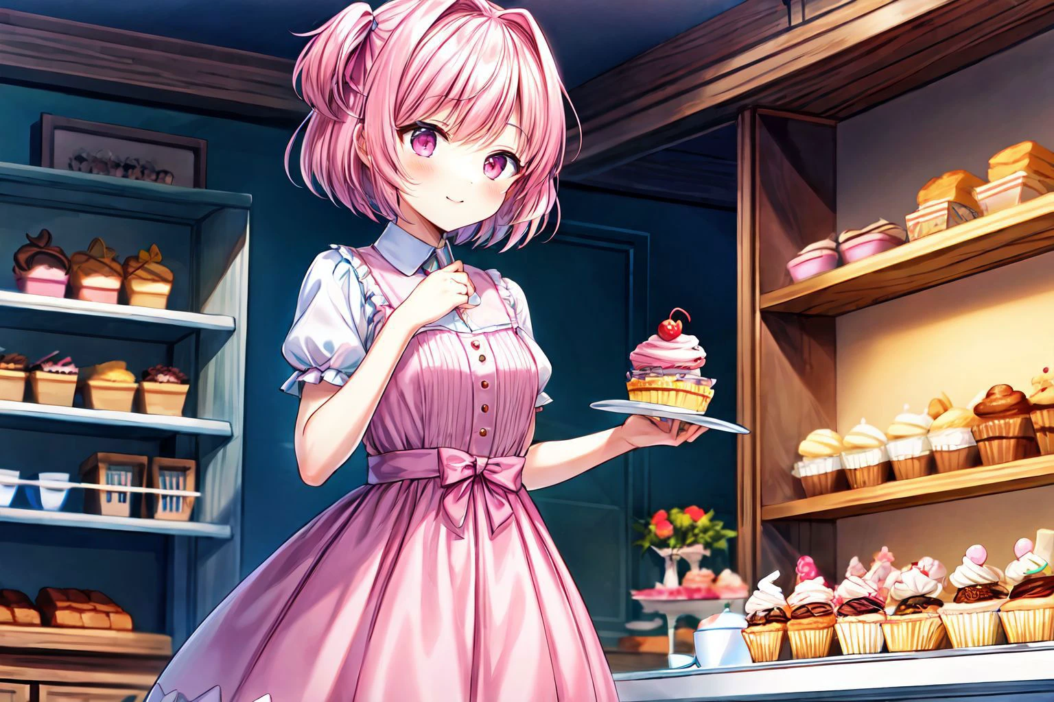 (Natsuki, pink eyes, short hair), (masterpiece, best quality), absurdres), solo, pink dress, cupcake, (cute:1.5), indoors, bakery, sweets, <lora:DetailEnhancer:0.8>, <lora:DDLC:0.7>