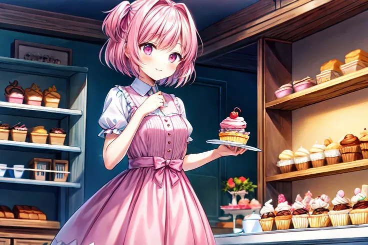 (Natsuki, pink eyes, short hair), (masterpiece, best quality), absurdres), solo, pink dress, cupcake, (cute:1.5), indoors, bakery, sweets, <lora:DetailEnhancer:0.8>, <lora:DDLC:0.7>