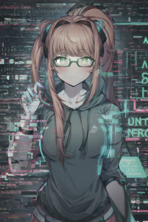 (Monika, green eyes, ponytail, gorgeous face, very long hair, perfect body), (masterpiece, best quality, highly detailed), (cyberpunk:1.2), (neon:1.5), (hacker:1.5), (glasses:1.2), (hoodie:1.2), (wires:1.2), (keyboard:1.2), (glitching:1.2), <lora:DetailEnhancer:0.8>, <lora:DDLC:0.7>, <lora:Glitching:0.8>