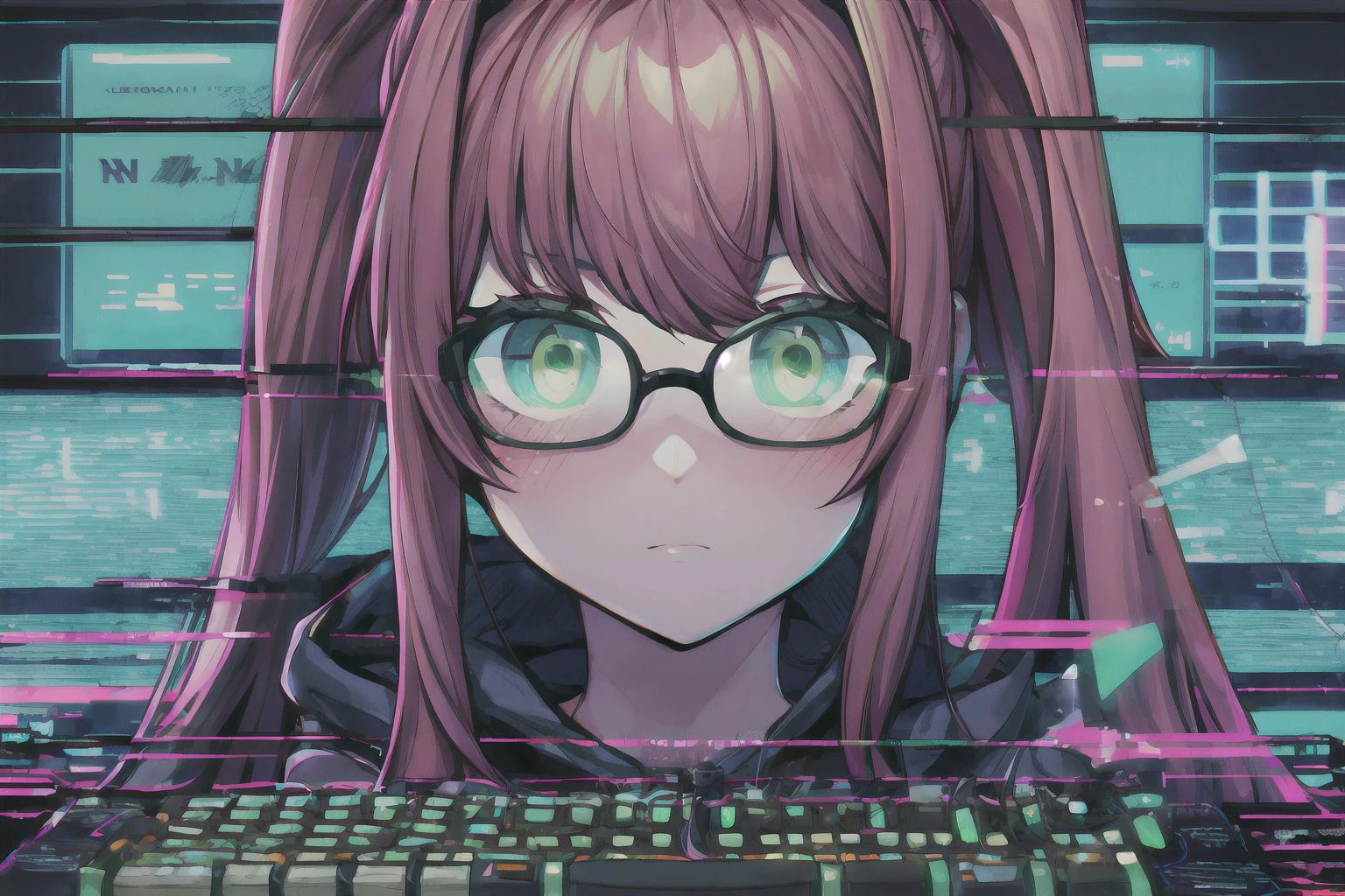 (Monika, green eyes, ponytail, gorgeous face, very long hair, perfect body), (masterpiece, best quality, highly detailed), (cyberpunk:1.2), (neon:1.5), (hacker:1.5), (glasses:1.2), (hoodie:1.2), (wires:1.2), (keyboard:1.2), (glitching:1.2), <lora:DetailEnhancer:0.8>, <lora:DDLC:0.7>, <lora:Glitching:0.8>