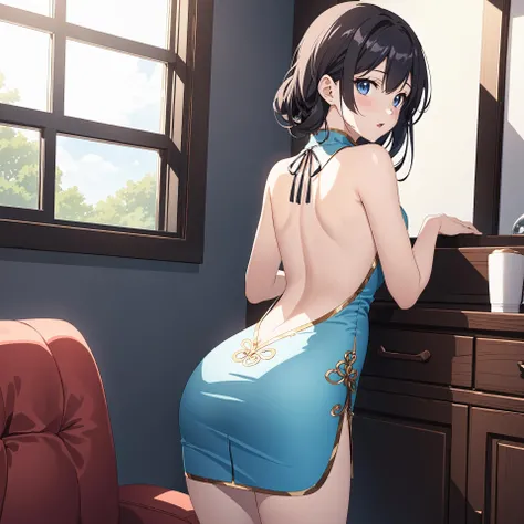 ((Anime)),((Game CG)), ((Illustration)),1 girl, backless cheongsam, buttocks, living room, window view,((Paintings)),((imagery))
