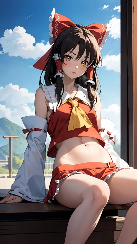 ((2.5D modeling)),Anime Illustration,Game Illustration,A girl, (((Hakurei Reimu))), is sitting in front of the shrine.yellow pupil of the eye,belly button,(virtual world),(realistic style),(super-detail)