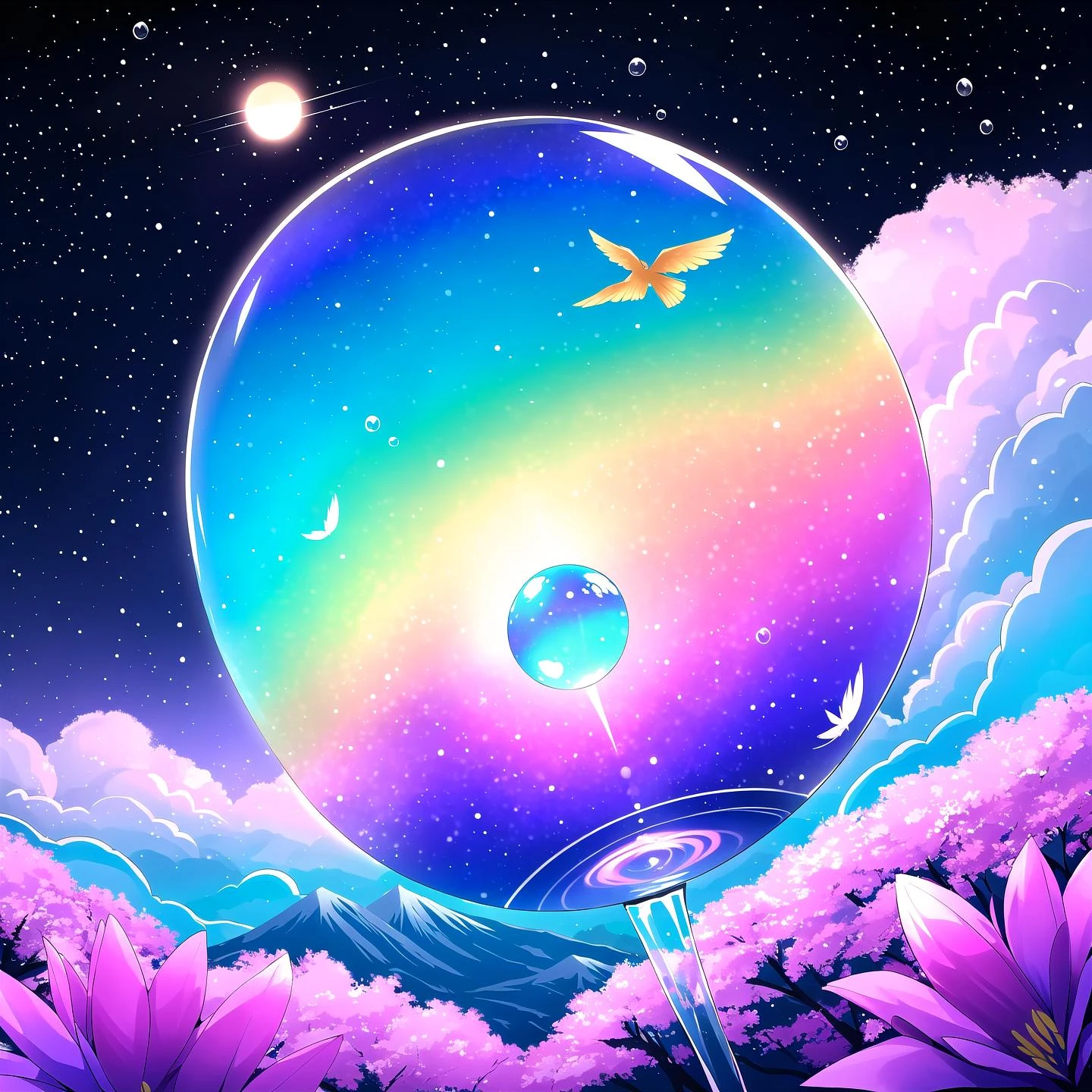 In a surreal and vibrant world, the sky is painted with shades of pink and purple, creating a magical and enigmatic atmosphere. Floating in the air are bubble-like islands, each with a unique ecosystem. On one of these bubble-islands, there's a forest of trees with brightly colored leaves that change hue in response to the music wafting through the air. At the center of the image stands an extravagant creature, appearing to be a fusion of a fish, a bird, and a flower. Its body is streamlined, adorned with iridescent scales that shimmer with every color of the rainbow. Instead of fins, it possesses feathered wings that seem to be in constant motion, as if it's swimming through the air. As you draw closer to the creature, you can hear a soft melody seemingly emanating from it. Its "feathers" emit musical tones when caressed by the breeze, crafting an ever-changing symphony that fills the air. The creature holds what appears to be a flower in one of its paws, but instead of petals, the flower has small crystal screens displaying moving images of exotic landscapes and distant galaxies. In the background, beyond the bubble-islands, rises a towering mountain crafted entirely from transparent crystals that capture and reflect light dazzlingly. The sun is at its zenith, casting glimmers that cause the entire scene to radiate with a magical energy. This image is a blend of natural and fantastical elements, creating a landscape that defies the laws of physics and logic, yet remains utterly captivating and brimming with wonders to discover.