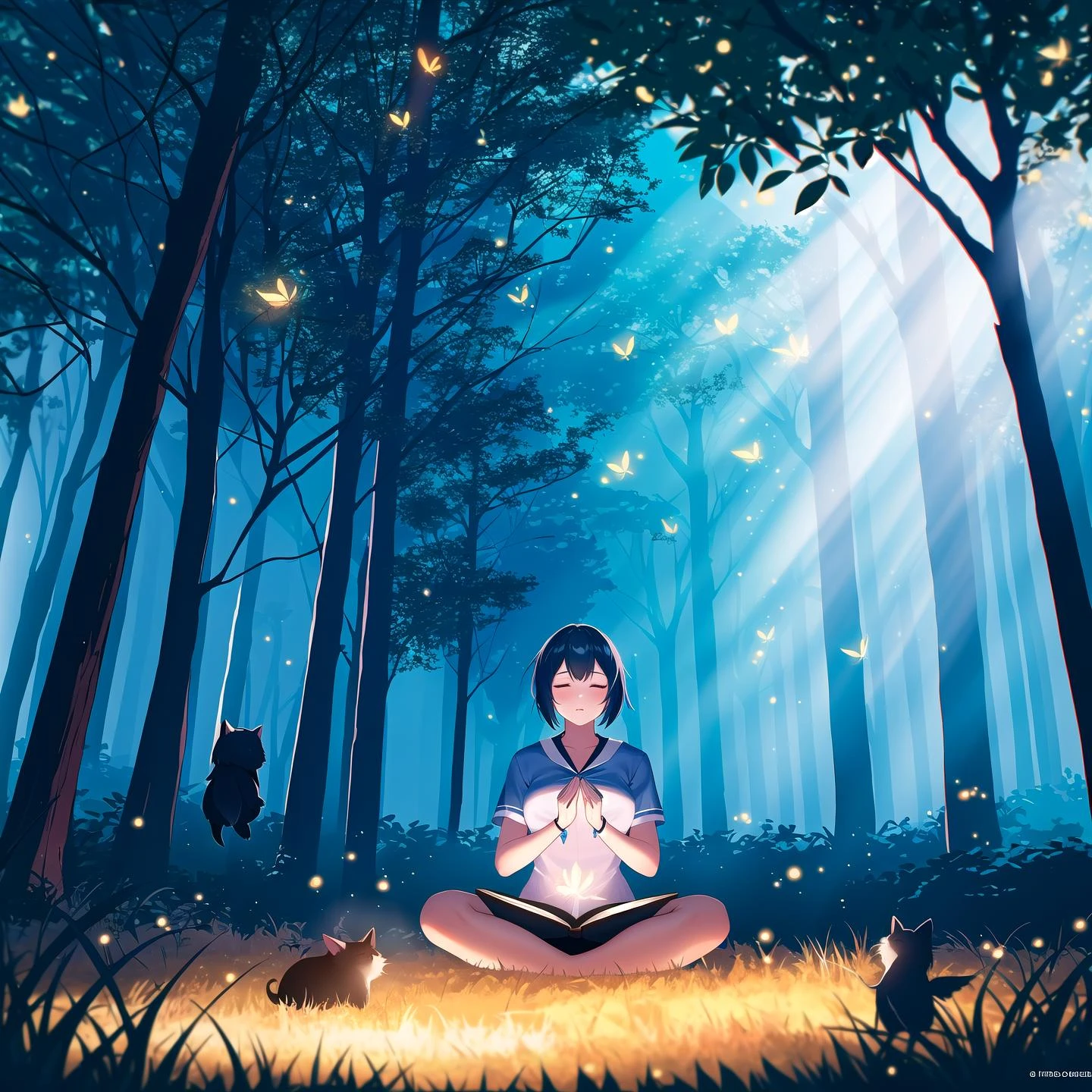 A full body portrait of Kena girl meditates surrounded by cute creatures in a magic forest, fireflies, volumetric light, high quality, 8k, oil painting, heavy strokes, paint dripping, unreal engine 5, RTX, ray tracing, high contrast
