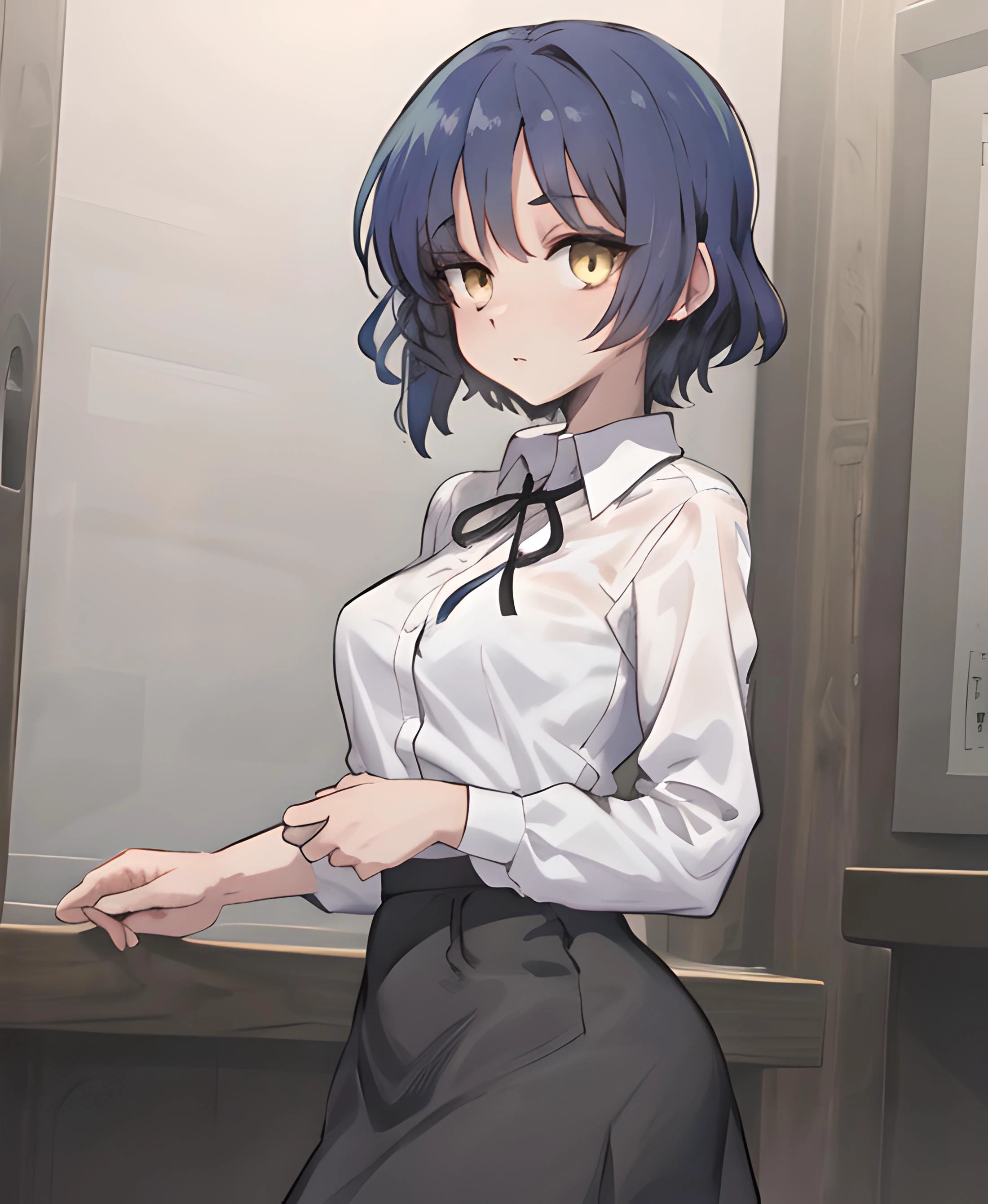 best quality, masterpiece, 1girl, cowboy shot, yamadaryou, short hair, white blouse, black skirt,