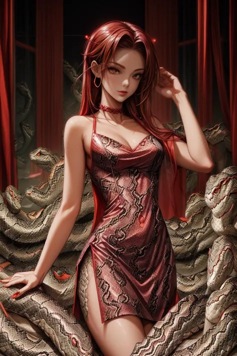 <lora:SnakesWorld:1.0> SnakesWorld 1woman (sexy:1.2) (red dress:1.3) shopping ( cyber city:1.2), <lora:more_details:1>