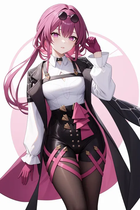 <lora:å¡èå¡:1:lbw=char>,kafka,bangs,eyewear on head,purple hair,long hair,sunglasses,purple eyes,shirt,gloves,white shirt,long sleeves,jacket,pantyhose,pink eyes,, 1girl,
,  (masterpiece,best quality:1.2),absurdres