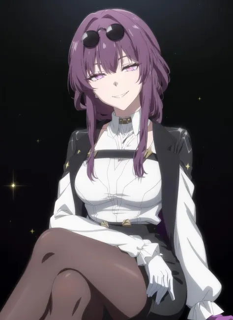 8k, best quality, masterpiece, (ultra-detailed), (high detailed skin), light,anime,anime screencap,((shiny skin)),dynamic pose,<lora:anistyle-anime:0.35>,kafka, bangs, eyewear on head, purple hair, long hair, sunglasses, purple eyes, shirt, gloves, white shirt, long sleeves,(black jacket),(black pantyhose), pink eyes,large breasts,  <lora:å¡èå¡:0.75>, gradient background, cowboy shot, black shorts, shy, sparkle background, (star),night, space,((sitting)), ((crossed legs)), smile, closed mouth, teeth, hand to own mouth,head tilt, (black background), moon, looking at viewer, from below, (half-closed eyes),, masterpiece, best quality,